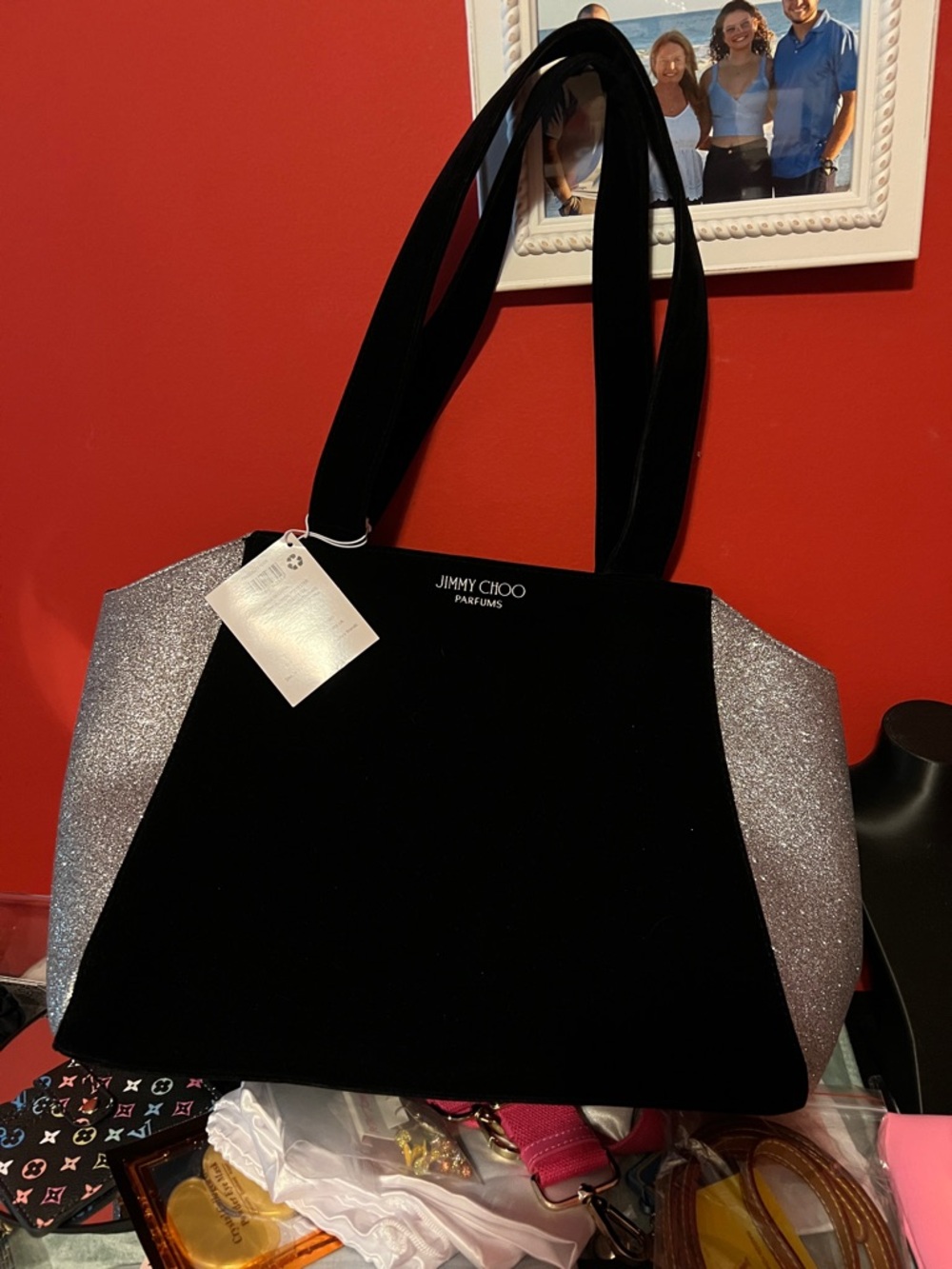 Jimmy Choo Black Tote with Silver Sparkle Panels and   Dior vintage pouch